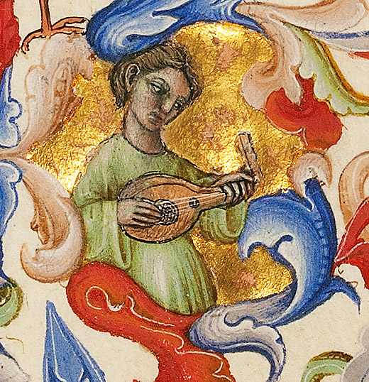 Marginal detail: unidentified person playing a lute