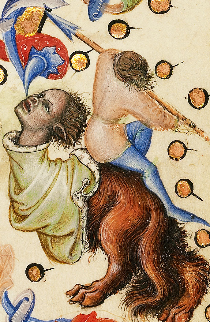 Marginal Detail: Grotesque, rider and spear.