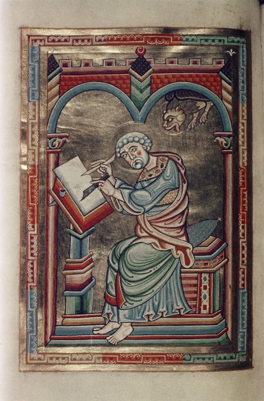 St. Mark seated, writing; winged lion appears from above. MS. Canon. Bibl. Lat. 60,f. 48v, Austria, XII cent. bodl_Canon.Bibl.Lat