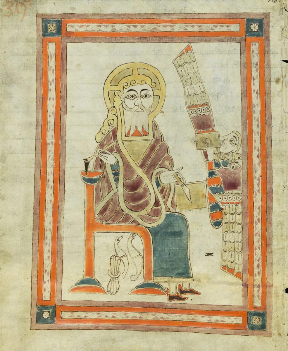 St. Gallen, Stiftsbibliothek, Cod. Sang. 1395 - S. John (?), sitting and writing the Apocalypse, an angel in front of him
