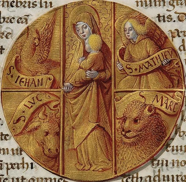 Another of the miniatures in the Petau - Rothschild Hours: Symbols of the four evangelists and Mary with Child.