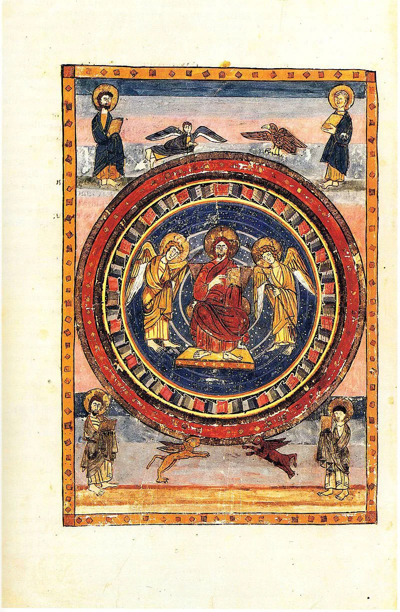 Laurentian Library, Maiestas Domini (Christ in Majesty) with the Four Evangelists and their symbols, at the start of the New Testament; page from Codex Amiatinus (fol. 796v), Firenze, Biblioteca Medicea Laurenziana.