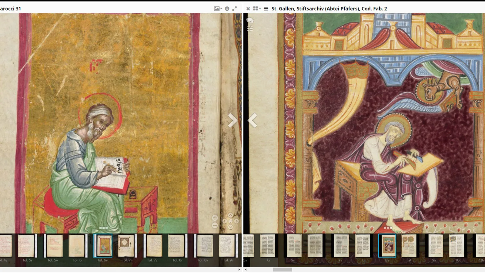 Comparing two images of the evangelists, one from the Bodleian, the other from St. Gallen