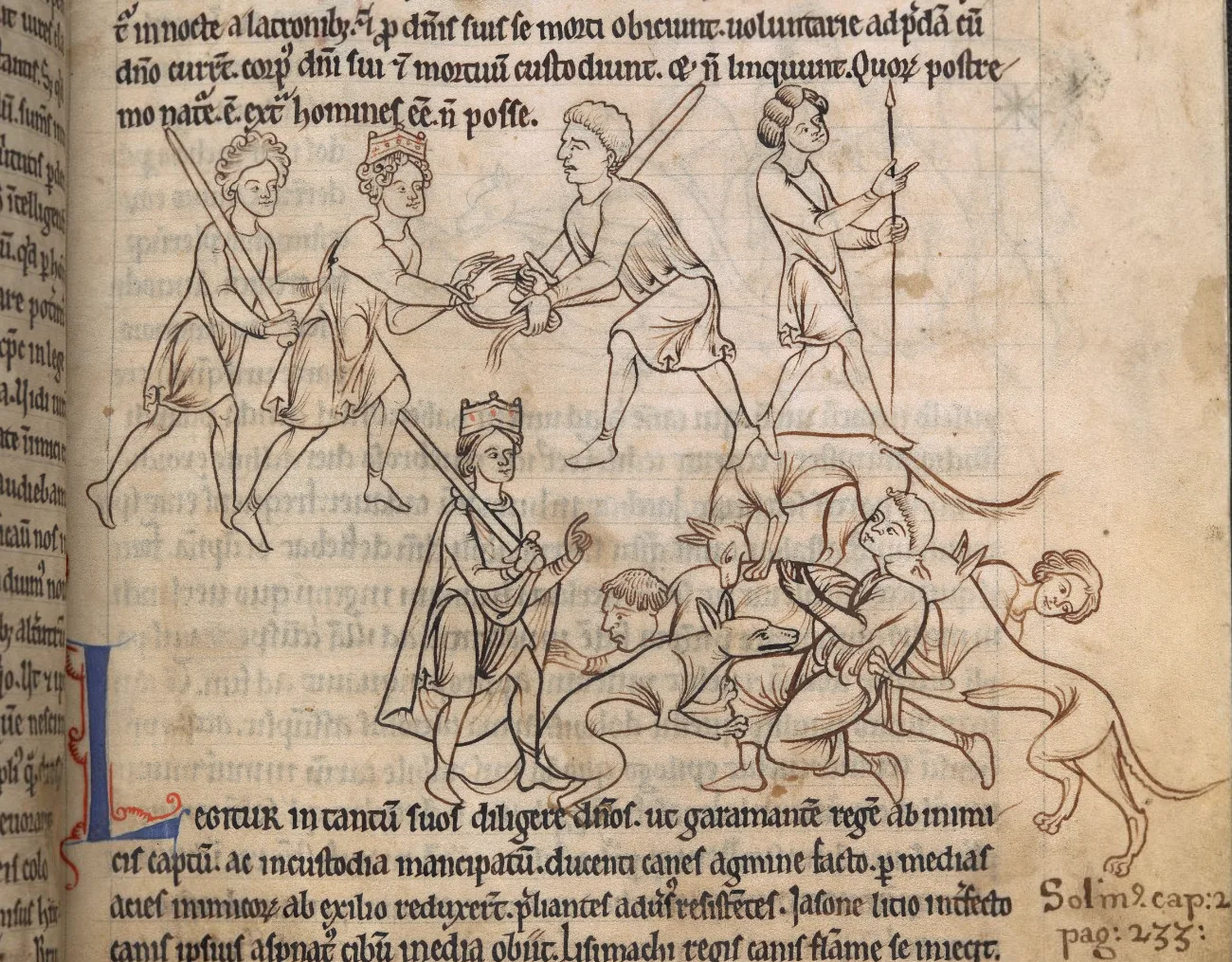Medieval miniature: King Garamantes captured by his enemies and then rescued by his dogs