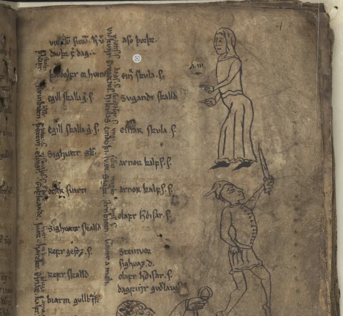 Uppsala-Eddan - Detail. P (f?). 47
Alternative title
Snorre Sturlassons Edda
Den prosaiska Eddan
Den yngre Eddan from the Uppsala University Library