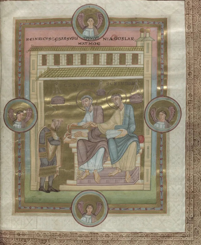 Uppsala University Library - Medieval manuscript miniature: a depiction of the emperor bestowing the book upon the patron saints of Goslar Cathedral