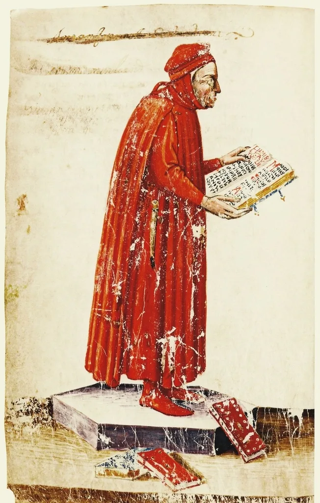 Coluccio Salutati, in his natural environment, and displeased with his gothic script manuscript