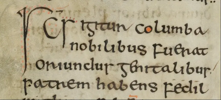 A large initial followed by progressively smaller letters in Adomnán's Life of Columba.