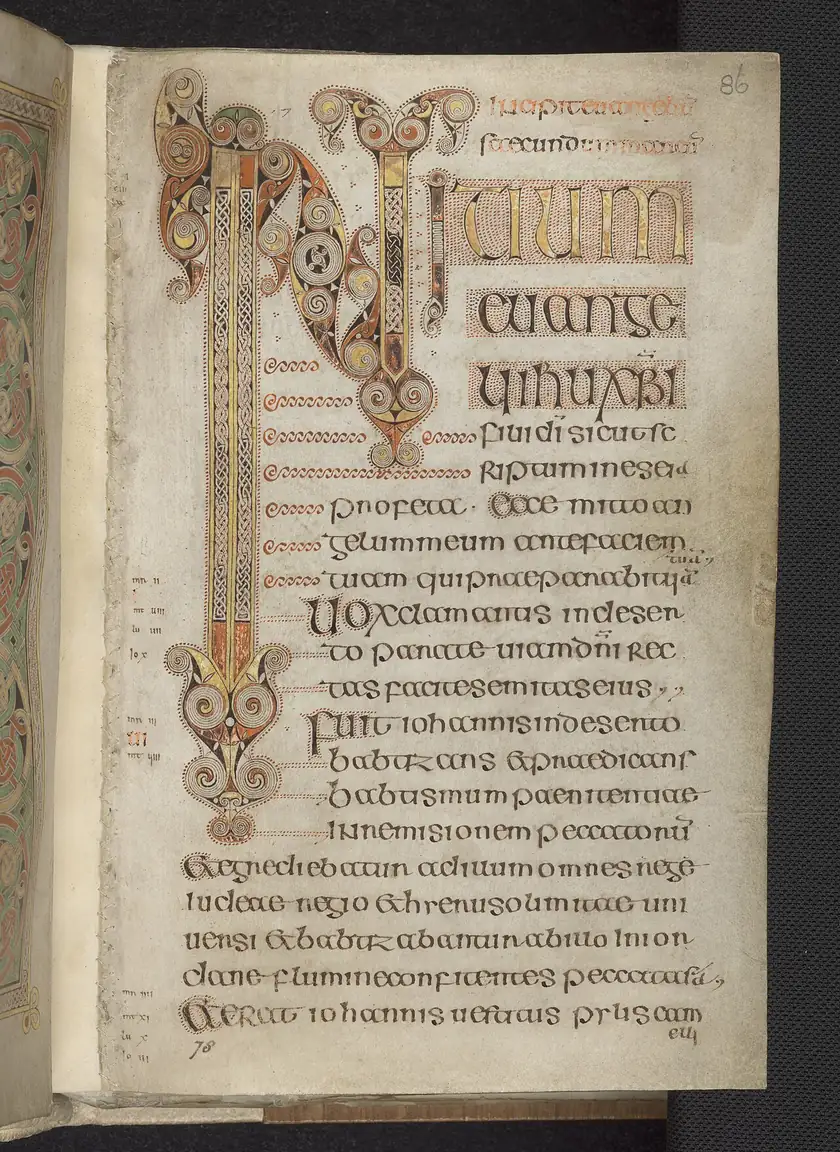An ornate initial at the opening of Mark's Gospel, followed by rounded Insular lettering in the Book of Durrow.